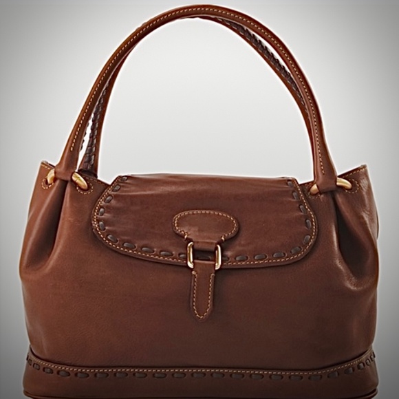 New Dooney & Bourke Braided Vacchetta Flap Satchel Florentine Leather Chestnut - Picture 1 of 6